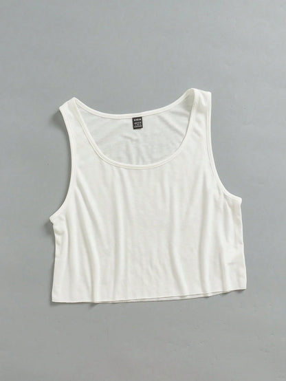 EZwear Women's Casual Loose U-Neck Cropped Tank Top, Daily, Summer, Vacation, Casual, 95% Cotton, White, Beach, Summer