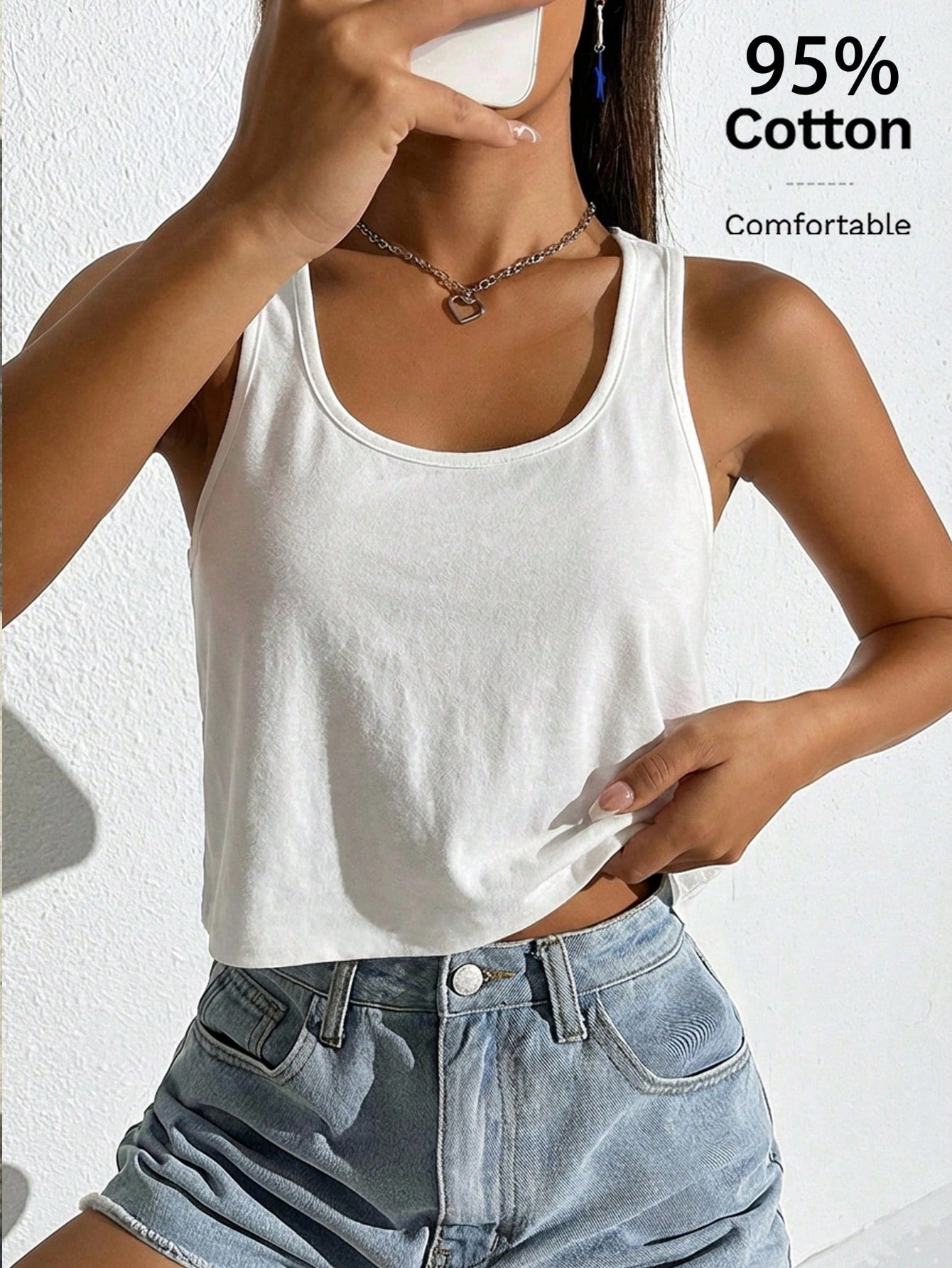 EZwear Women's Casual Loose U-Neck Cropped Tank Top, Daily, Summer, Vacation, Casual, 95% Cotton, White, Beach, Summer