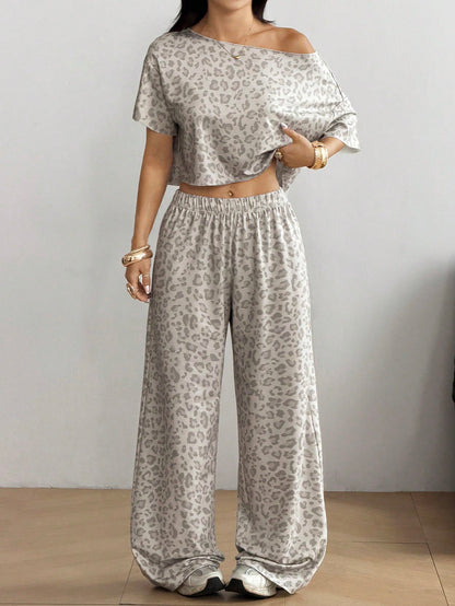 EZwear Women's Leopard Print Asymmetrical Shoulder Top And Casual Streetwear Sweatpants Sports Suit Lounge Grey Leopard Print Summer Outfits For Women