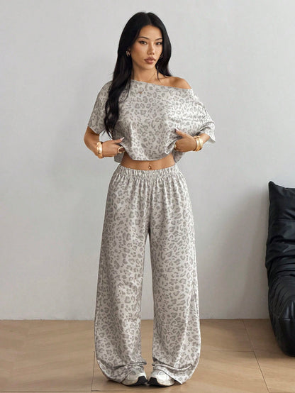EZwear Women's Leopard Print Asymmetrical Shoulder Top And Casual Streetwear Sweatpants Sports Suit Lounge Grey Leopard Print Summer Outfits For Women