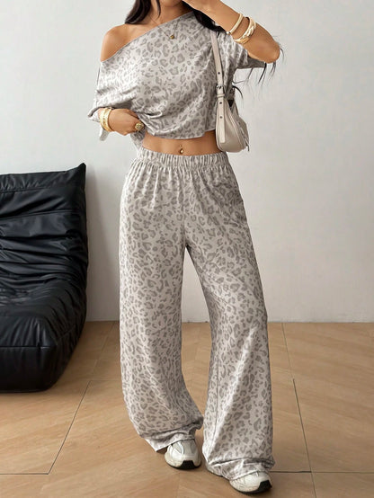 EZwear Women's Leopard Print Asymmetrical Shoulder Top And Casual Streetwear Sweatpants Sports Suit Lounge Grey Leopard Print Summer Outfits For Women