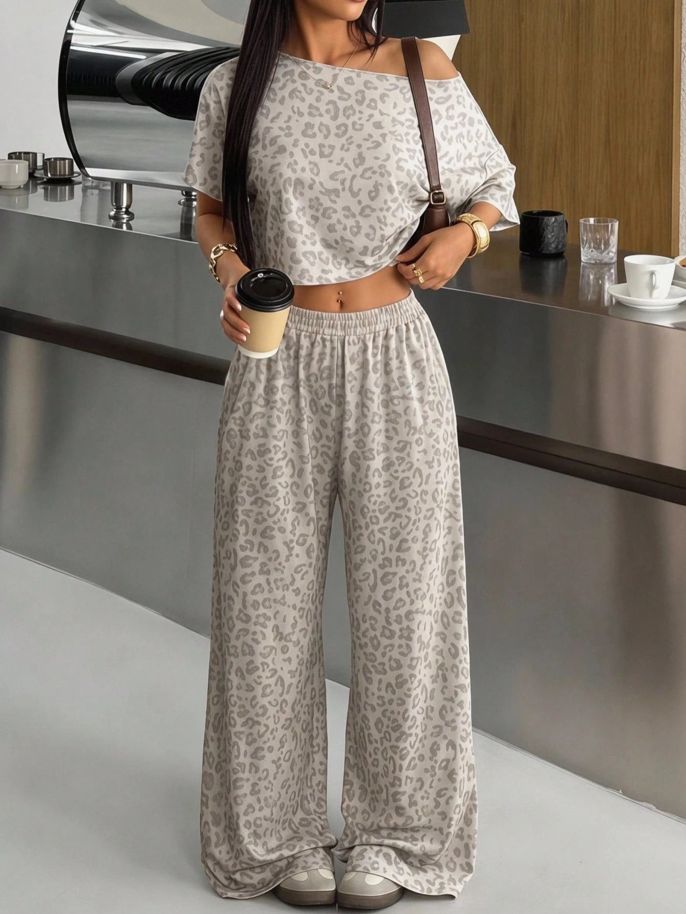 EZwear Women's Leopard Print Asymmetrical Shoulder Top And Casual Streetwear Sweatpants Sports Suit Lounge Grey Leopard Print Summer Outfits For Women