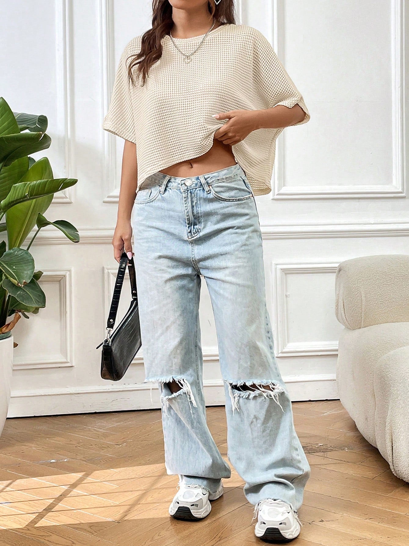 EZwear Women's Loose Knitted T-Shirt In Apricot Color