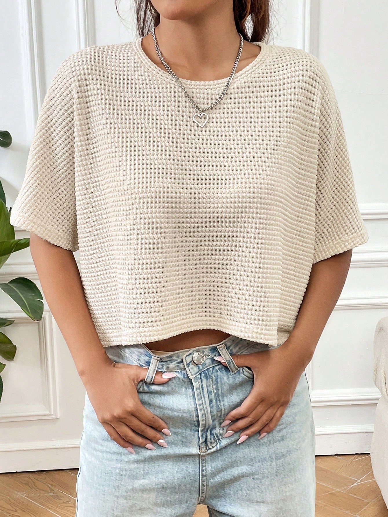 EZwear Women's Loose Knitted T-Shirt In Apricot Color