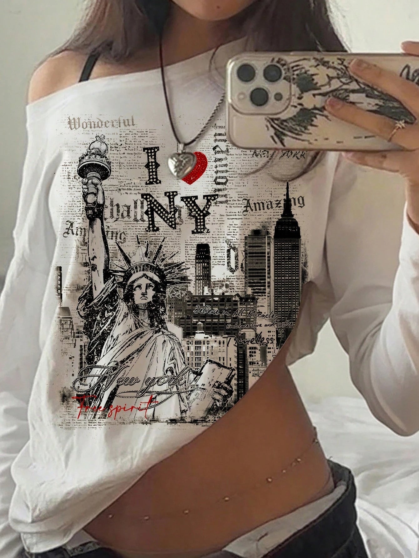 EZwear Women's Oversized Asymmetrical Long Sleeve T-Shirt,Vintage Statue Of Liberty Newspaper Print,Black And White,Summer,Casual,Streetwear,Vacation