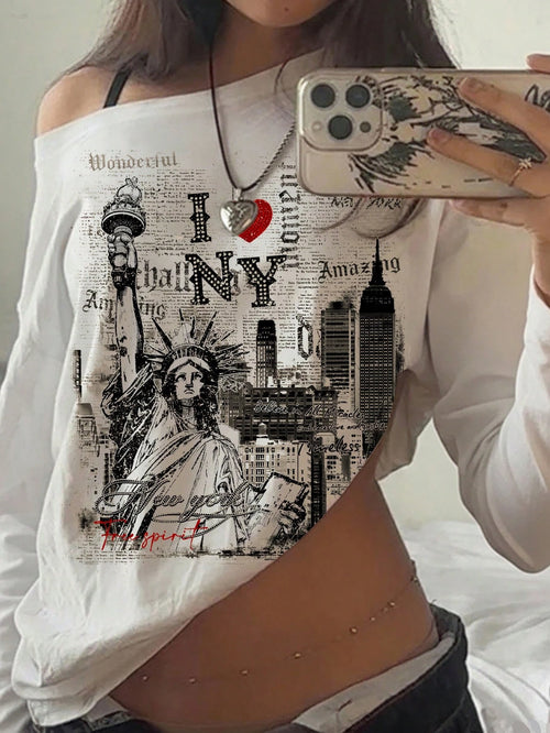 EZwear Women's Oversized Asymmetrical Long Sleeve T-Shirt,Vintage Statue Of Liberty Newspaper Print,Black And White,Summer,Casual,Streetwear,Vacation