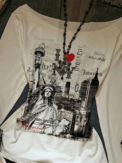 EZwear Women's Oversized Asymmetrical Long Sleeve T-Shirt,Vintage Statue Of Liberty Newspaper Print,Black And White,Summer,Casual,Streetwear,Vacation