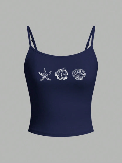 EZwear Women's Starfish, Floral & Shell Pattern Casual Sexy Camisole Tank Top, Suitable For Summer