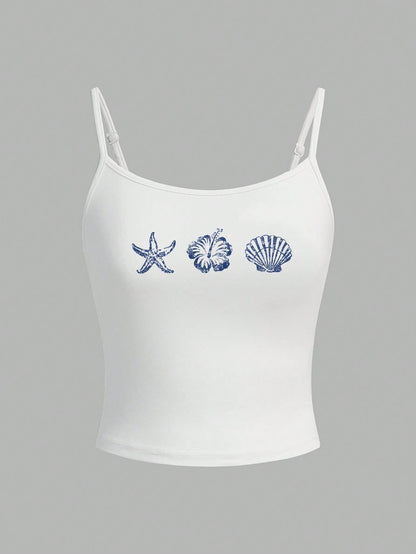 EZwear Women's Starfish, Floral & Shell Pattern Casual Sexy Camisole Tank Top, Suitable For Summer