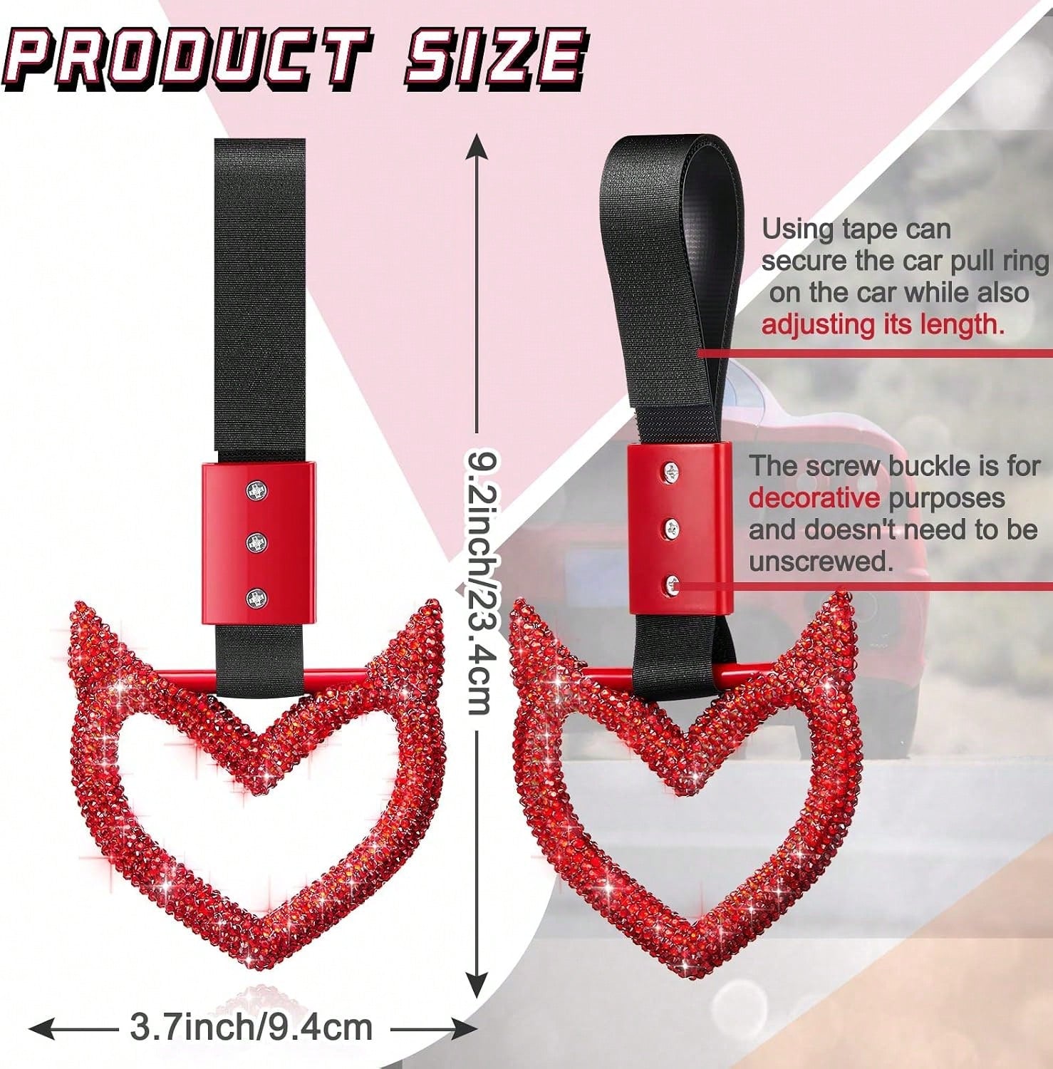 Fabbay Bling Car Accessories Bling Heart Handle Ring Car Accessory For Women Heart Hand Strap Drift Charm Rear Bumper Warning Ring Decor For Auto Bus