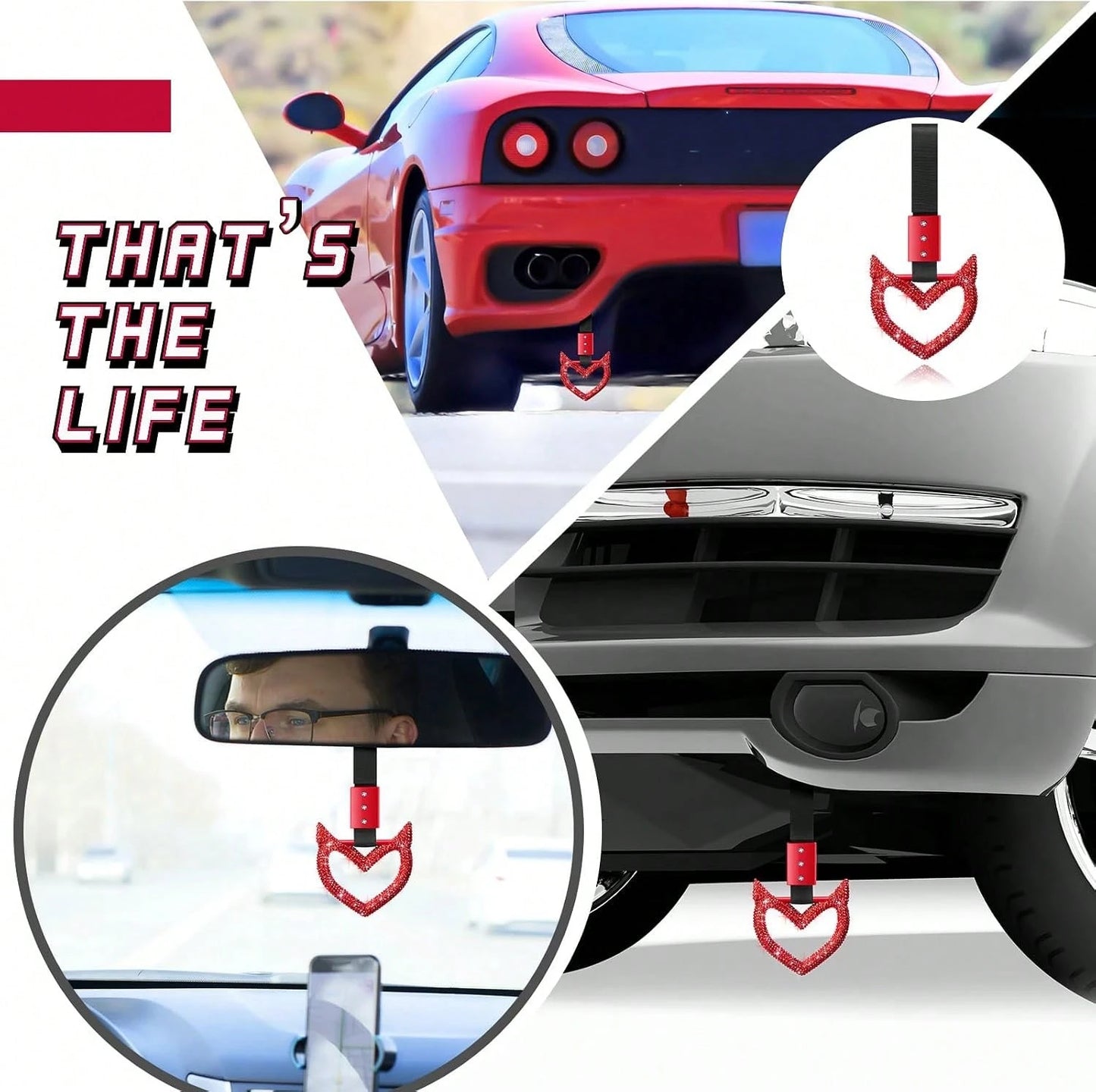 Fabbay Bling Car Accessories Bling Heart Handle Ring Car Accessory For Women Heart Hand Strap Drift Charm Rear Bumper Warning Ring Decor For Auto Bus