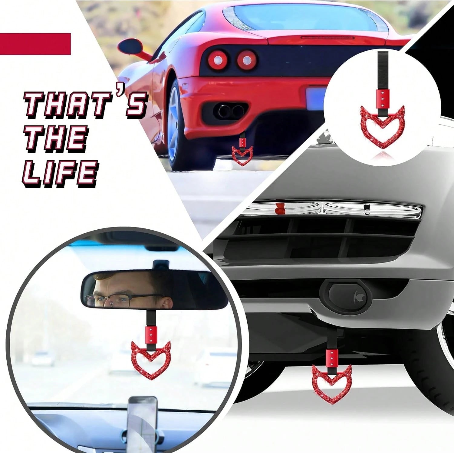 Fabbay Bling Car Accessories Bling Heart Handle Ring Car Accessory For Women Heart Hand Strap Drift Charm Rear Bumper Warning Ring Decor For Auto Bus