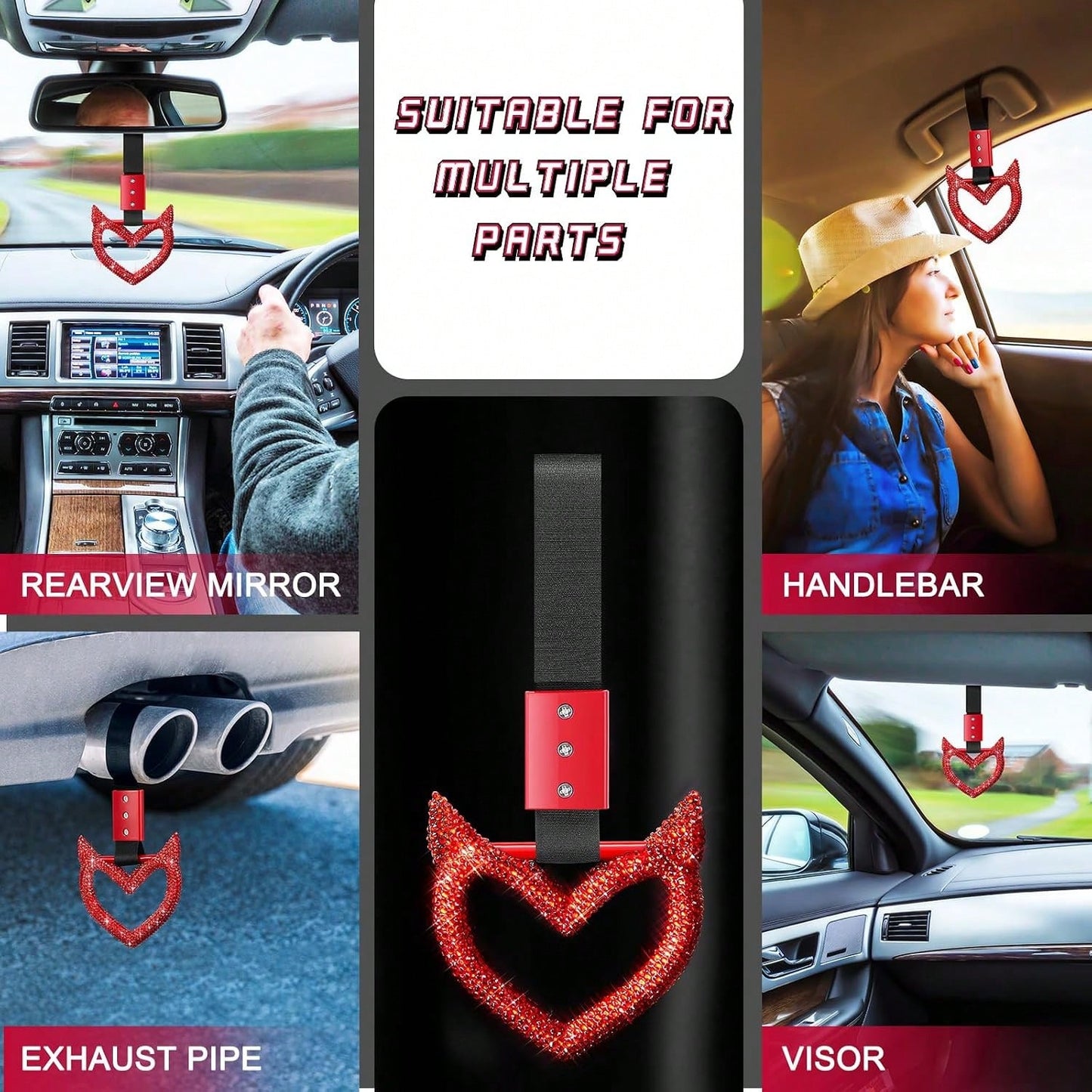 Fabbay Bling Car Accessories Bling Heart Handle Ring Car Accessory For Women Heart Hand Strap Drift Charm Rear Bumper Warning Ring Decor For Auto Bus
