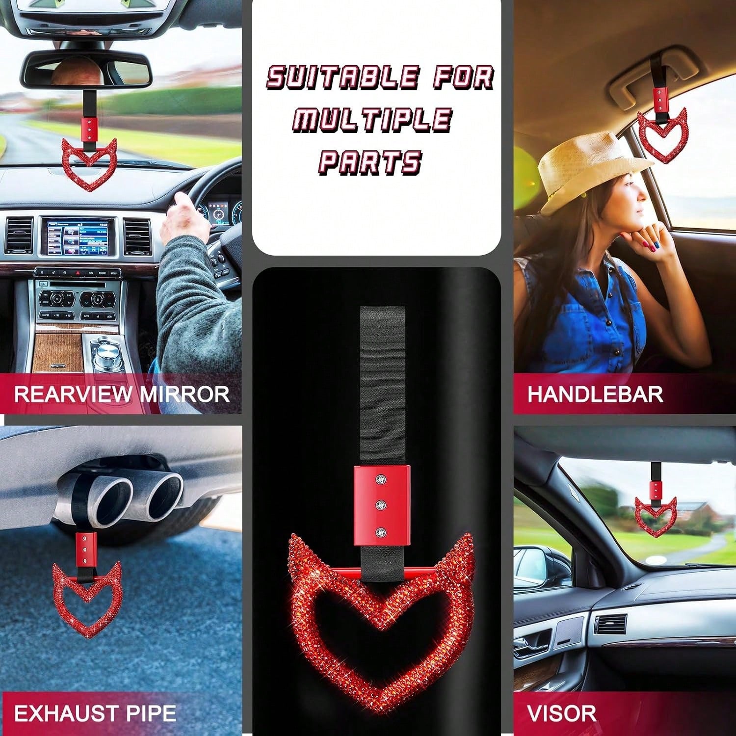 Fabbay Bling Car Accessories Bling Heart Handle Ring Car Accessory For Women Heart Hand Strap Drift Charm Rear Bumper Warning Ring Decor For Auto Bus