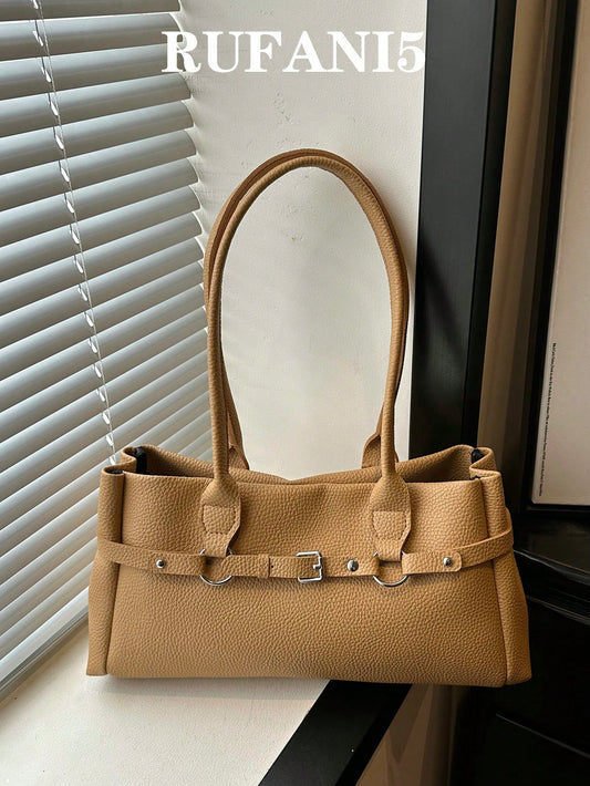 Fashion Solid Color Metal Rope Buckle Decor Handbag, Classic Versatile Large Capacity Rivet Inlaid Women's Shoulder Bag, Suitable For Shopping, Wallet, Young Women, College Students, Newcomers, White