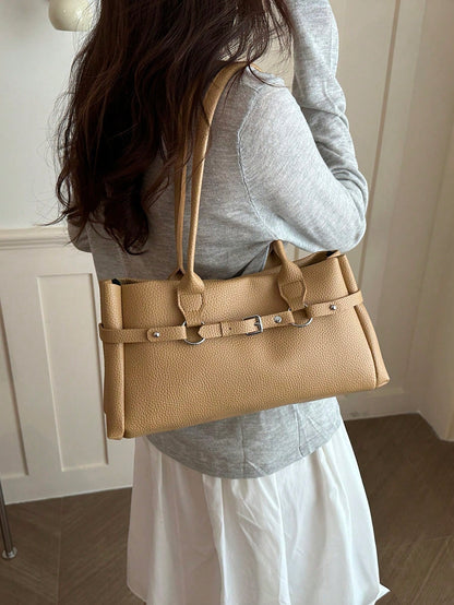 Fashion Solid Color Metal Rope Buckle Decor Handbag, Classic Versatile Large Capacity Rivet Inlaid Women's Shoulder Bag, Suitable For Shopping, Wallet, Young Women, College Students, Newcomers, White