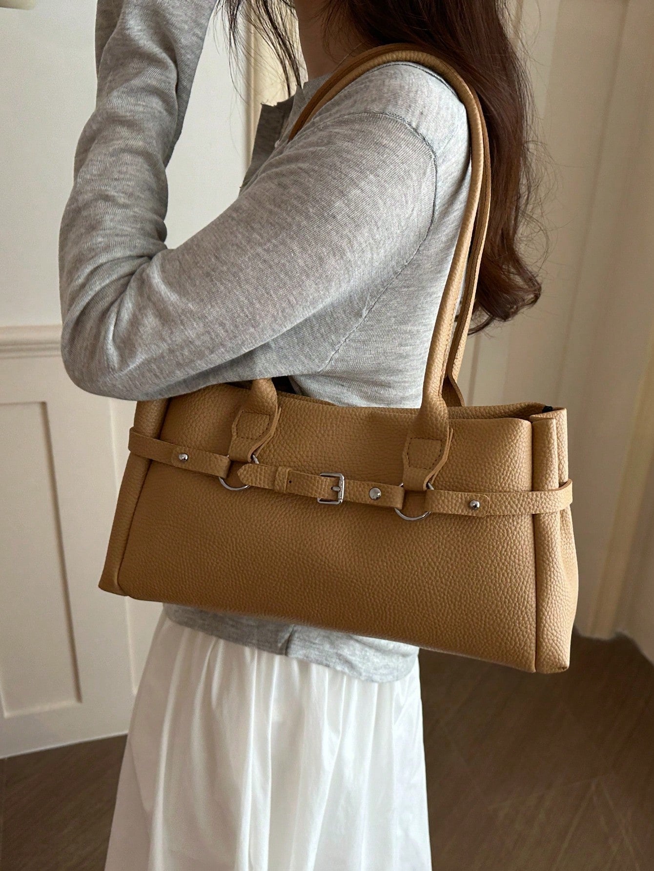 Fashion Solid Color Metal Rope Buckle Decor Handbag, Classic Versatile Large Capacity Rivet Inlaid Women's Shoulder Bag, Suitable For Shopping, Wallet, Young Women, College Students, Newcomers, White