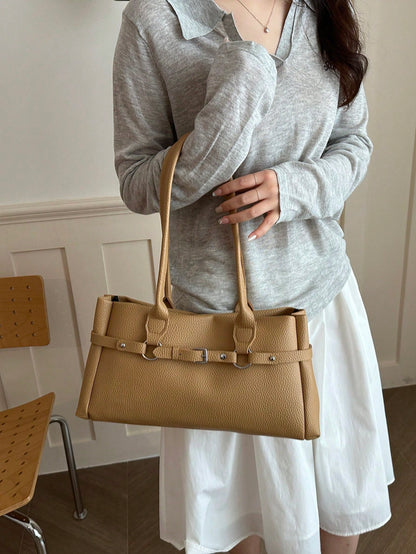 Fashion Solid Color Metal Rope Buckle Decor Handbag, Classic Versatile Large Capacity Rivet Inlaid Women's Shoulder Bag, Suitable For Shopping, Wallet, Young Women, College Students, Newcomers, White