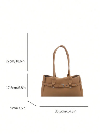Fashion Solid Color Metal Rope Buckle Decor Handbag, Classic Versatile Large Capacity Rivet Inlaid Women's Shoulder Bag, Suitable For Shopping, Wallet, Young Women, College Students, Newcomers, White