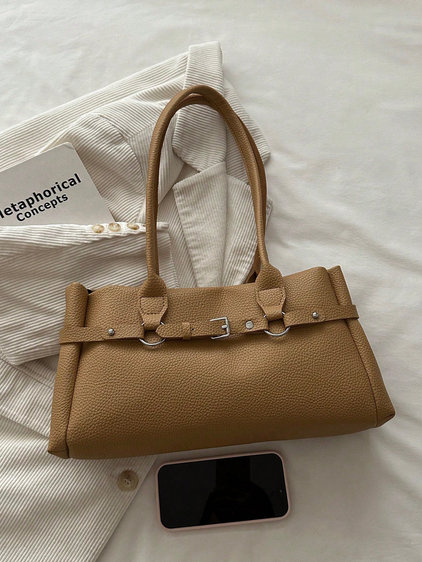 Fashion Solid Color Metal Rope Buckle Decor Handbag, Classic Versatile Large Capacity Rivet Inlaid Women's Shoulder Bag, Suitable For Shopping, Wallet, Young Women, College Students, Newcomers, White