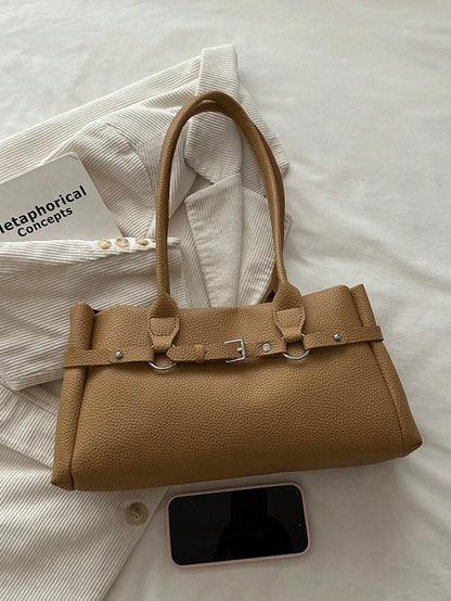 Fashion Solid Color Metal Rope Buckle Decor Handbag, Classic Versatile Large Capacity Rivet Inlaid Women's Shoulder Bag, Suitable For Shopping, Wallet, Young Women, College Students, Newcomers, White