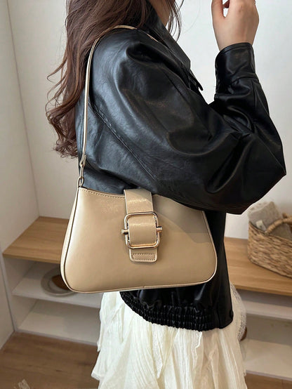Fashion Solid Color New Hardware Buckle Practical Handbag, Classic Versatile Lacquer Modern Style Women's Shoulder Bag, Suitable For Shopping, Wallet, Shopping, Young Women, College Students, Newcomer