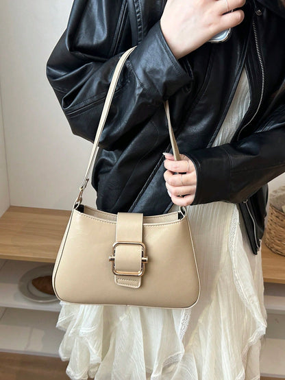 Fashion Solid Color New Hardware Buckle Practical Handbag, Classic Versatile Lacquer Modern Style Women's Shoulder Bag, Suitable For Shopping, Wallet, Shopping, Young Women, College Students, Newcomer