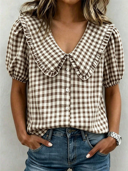 Fashionable Casual Versatile Peter Pan Collar Puff Sleeve Single-Breasted Loose Women Shirt