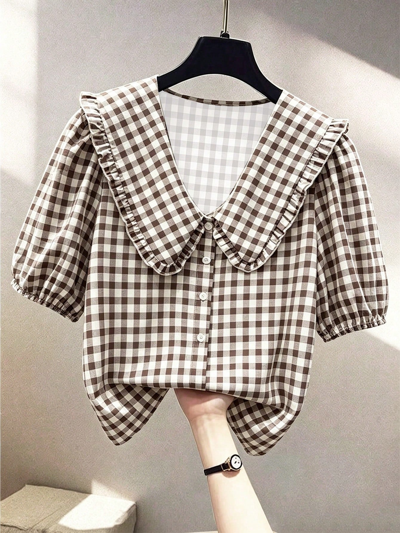 Fashionable Casual Versatile Peter Pan Collar Puff Sleeve Single-Breasted Loose Women Shirt
