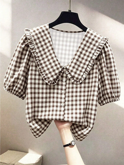 Fashionable Casual Versatile Peter Pan Collar Puff Sleeve Single-Breasted Loose Women Shirt
