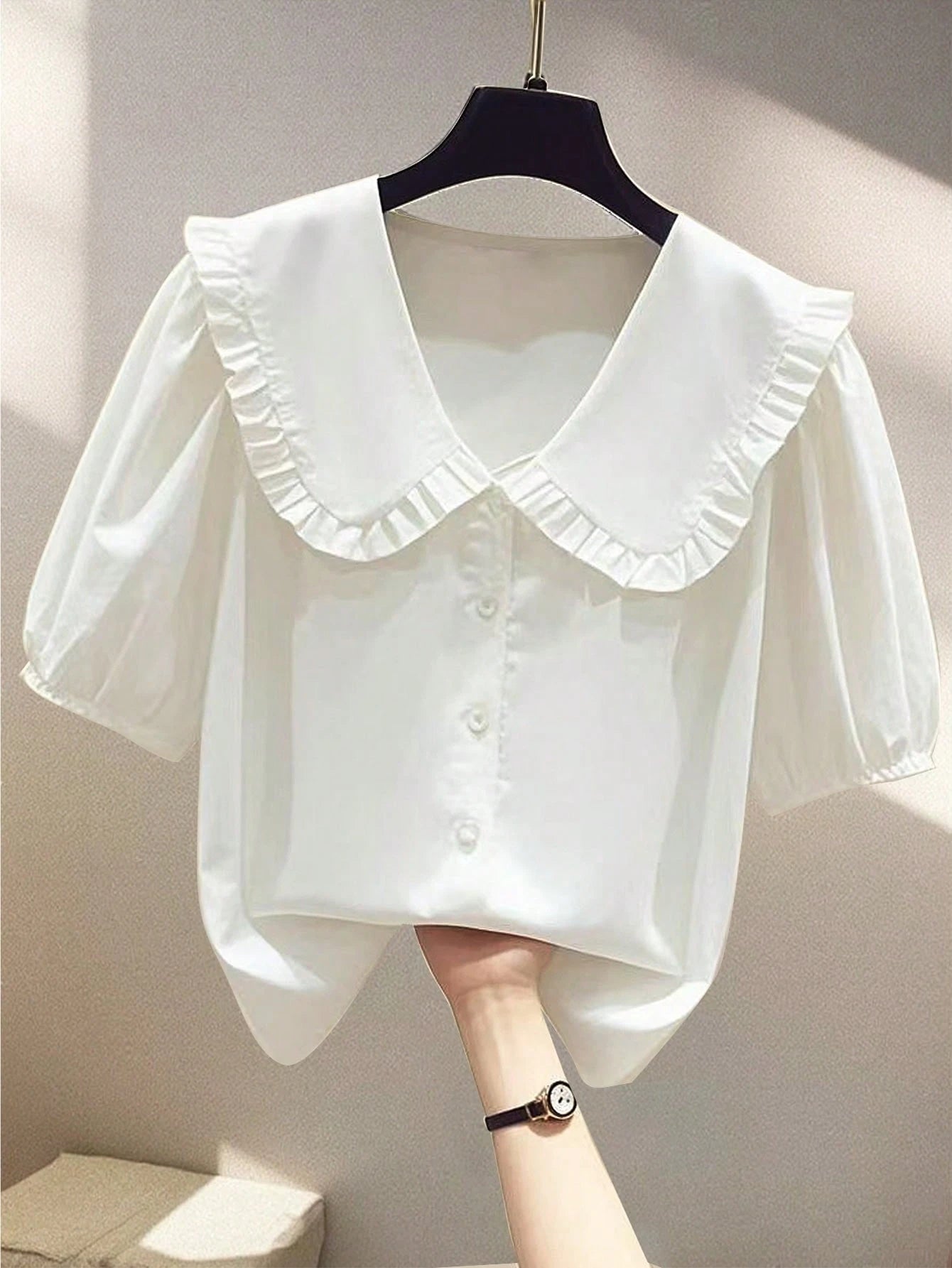 Fashionable Casual Versatile Peter Pan Collar Puff Sleeve Single-Breasted Loose Women Shirt