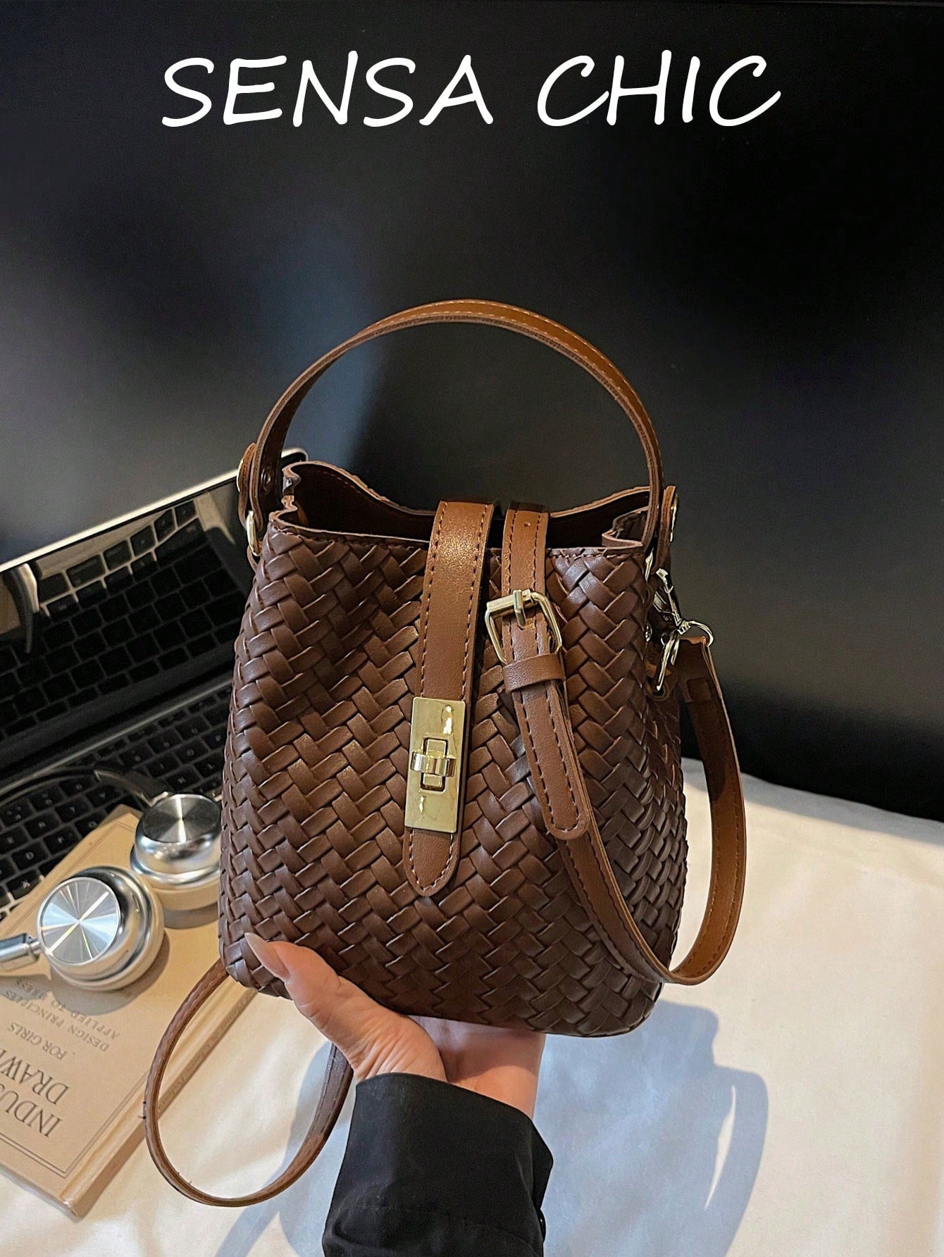 Fashionable Modern Bucket Bag With Woven Faux Leather Finish And Gold-Tone Hardware. This Bag Features Two Carrying Options And Durable Construction, Making It A Practical Choice For Errands, Coffee R