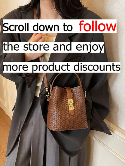 Fashionable Modern Bucket Bag With Woven Faux Leather Finish And Gold-Tone Hardware. This Bag Features Two Carrying Options And Durable Construction, Making It A Practical Choice For Errands, Coffee R