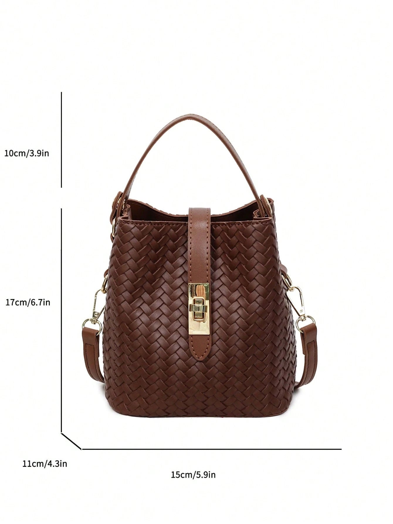 Fashionable Modern Bucket Bag With Woven Faux Leather Finish And Gold-Tone Hardware. This Bag Features Two Carrying Options And Durable Construction, Making It A Practical Choice For Errands, Coffee R