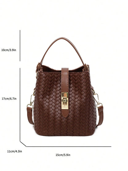 Fashionable Modern Bucket Bag With Woven Faux Leather Finish And Gold-Tone Hardware. This Bag Features Two Carrying Options And Durable Construction, Making It A Practical Choice For Errands, Coffee R