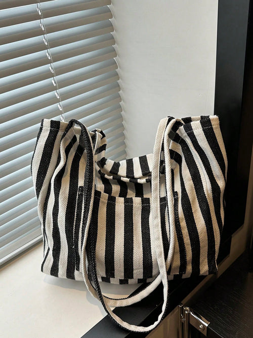 Fashionable Retro Striped Canvas Tote Bag, Large Capacity, Versatile Use, Ideal For Work, School Or Outdoor Activities, Can Be Used As Backpack, Canvas Bag Or Beach Bag