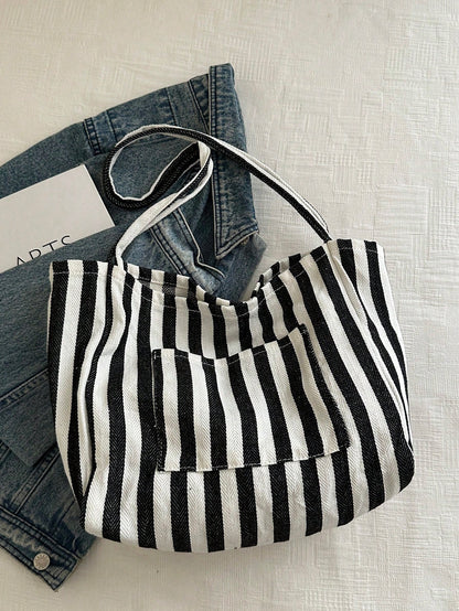 Fashionable Retro Striped Canvas Tote Bag, Large Capacity, Versatile Use, Ideal For Work, School Or Outdoor Activities, Can Be Used As Backpack, Canvas Bag Or Beach Bag