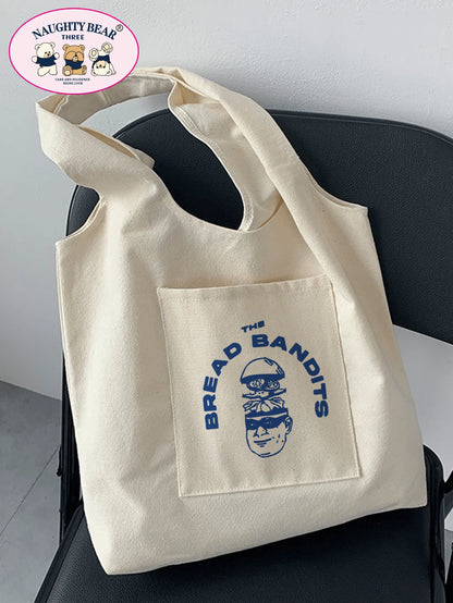 Fashionable Simple All-Match Cartoon Printed Canvas Bag School Bag,Large Capacity,Lightweight,Portable,Luggage Strap Design, Suitable For Teen Girls Women College Students, Perfect For Back To School