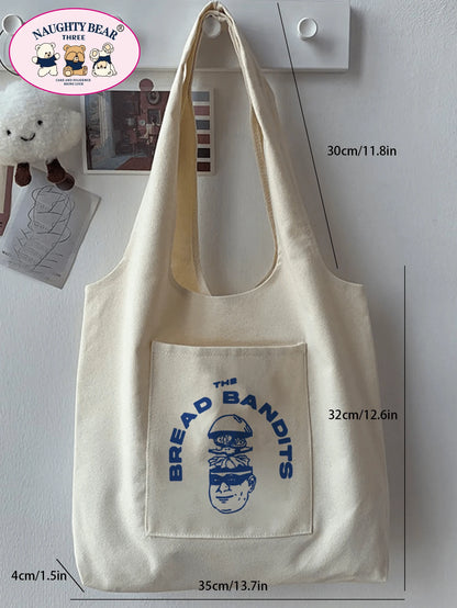 Fashionable Simple All-Match Cartoon Printed Canvas Bag School Bag,Large Capacity,Lightweight,Portable,Luggage Strap Design, Suitable For Teen Girls Women College Students, Perfect For Back To School