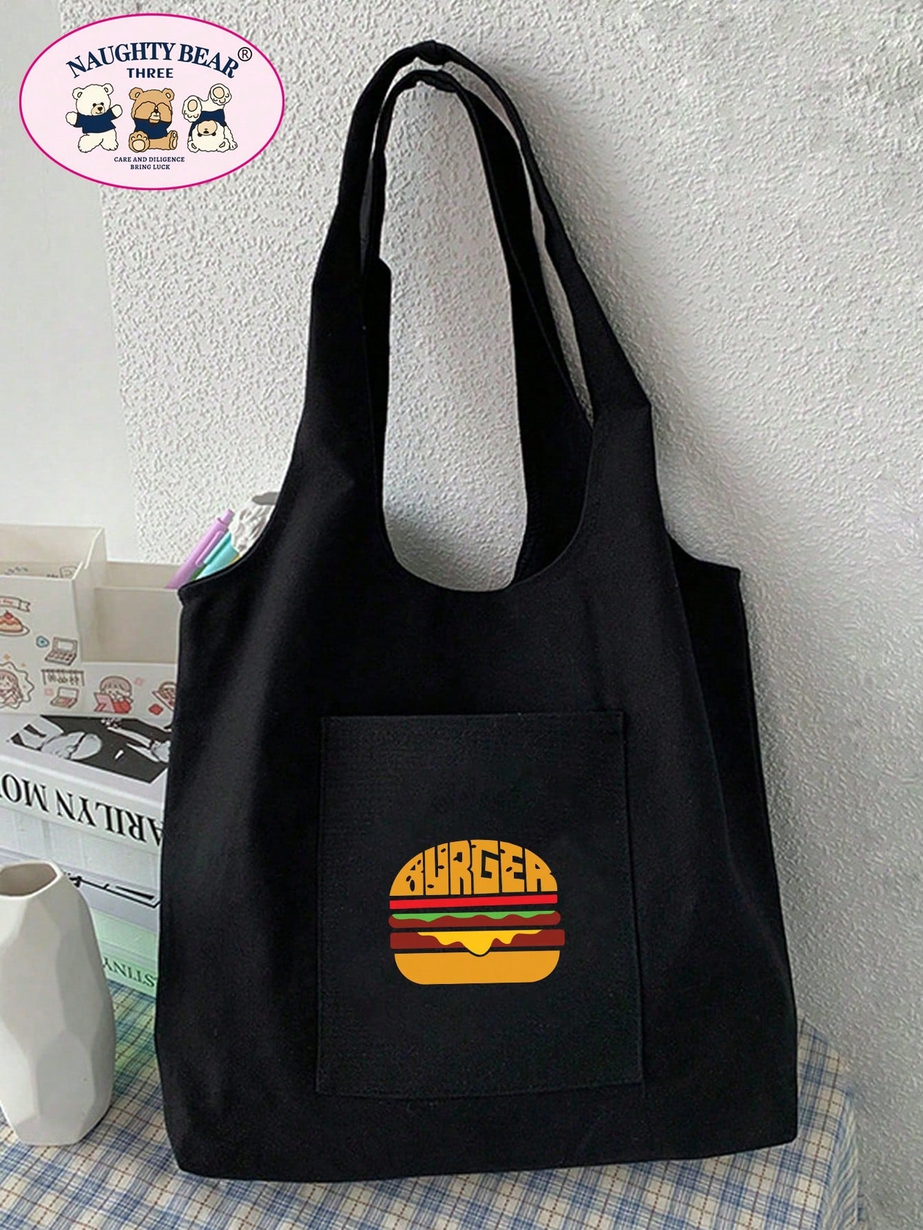 Fashionable Simple All-Match Cartoon Printed Canvas Bag School Bag,Large Capacity,Lightweight,Portable,Luggage Strap Design, Suitable For Teen Girls Women College Students, Perfect For Back To School