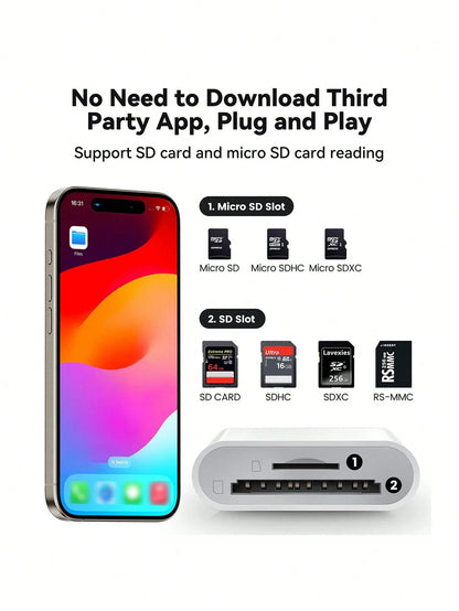Fast Charging 2-In-1 Card Reader 2-In-1 Storage Card Adapter, USB-C/Lightning To SD/Micro SD Dual Slot Card Reader, Compatible With IPhone 17/16/15/14/13/12/11 Series, Pro/Air/Mini./ Laptops Spring G