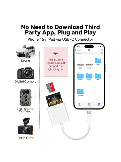 Fast Charging 2-In-1 Card Reader 2-In-1 Storage Card Adapter, USB-C/Lightning To SD/Micro SD Dual Slot Card Reader, Compatible With IPhone 17/16/15/14/13/12/11 Series, Pro/Air/Mini./ Laptops Spring G