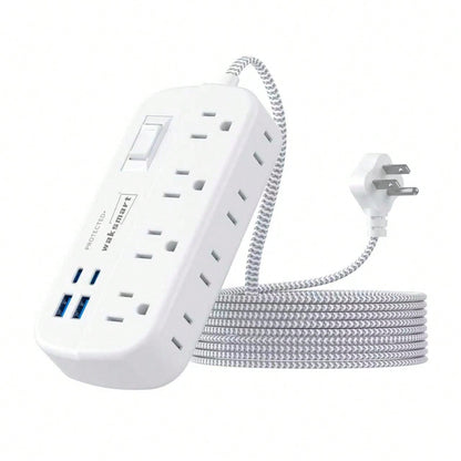 Fast Charging Multi-Outlet Power Strip Charger Charging Station Flat Plug Surge Protector Power Strip (1080J) 8 AC Outlets 4 USB Charger (2 USB-C) Waksmart 5 Ft Flat Braided Extension Cord Compact Des