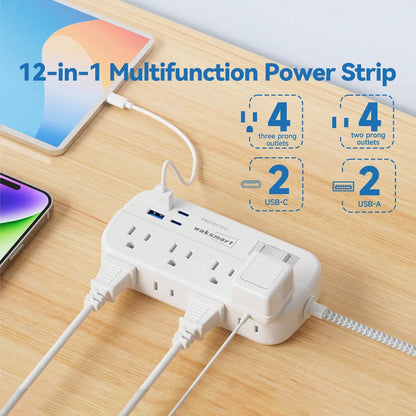 Fast Charging Multi-Outlet Power Strip Charger Charging Station Flat Plug Surge Protector Power Strip (1080J) 8 AC Outlets 4 USB Charger (2 USB-C) Waksmart 5 Ft Flat Braided Extension Cord Compact Des