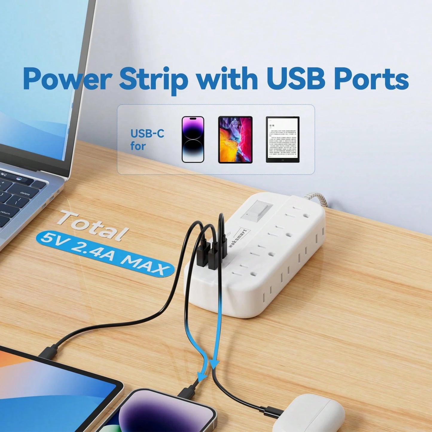 Fast Charging Multi-Outlet Power Strip Charger Charging Station Flat Plug Surge Protector Power Strip (1080J) 8 AC Outlets 4 USB Charger (2 USB-C) Waksmart 5 Ft Flat Braided Extension Cord Compact Des