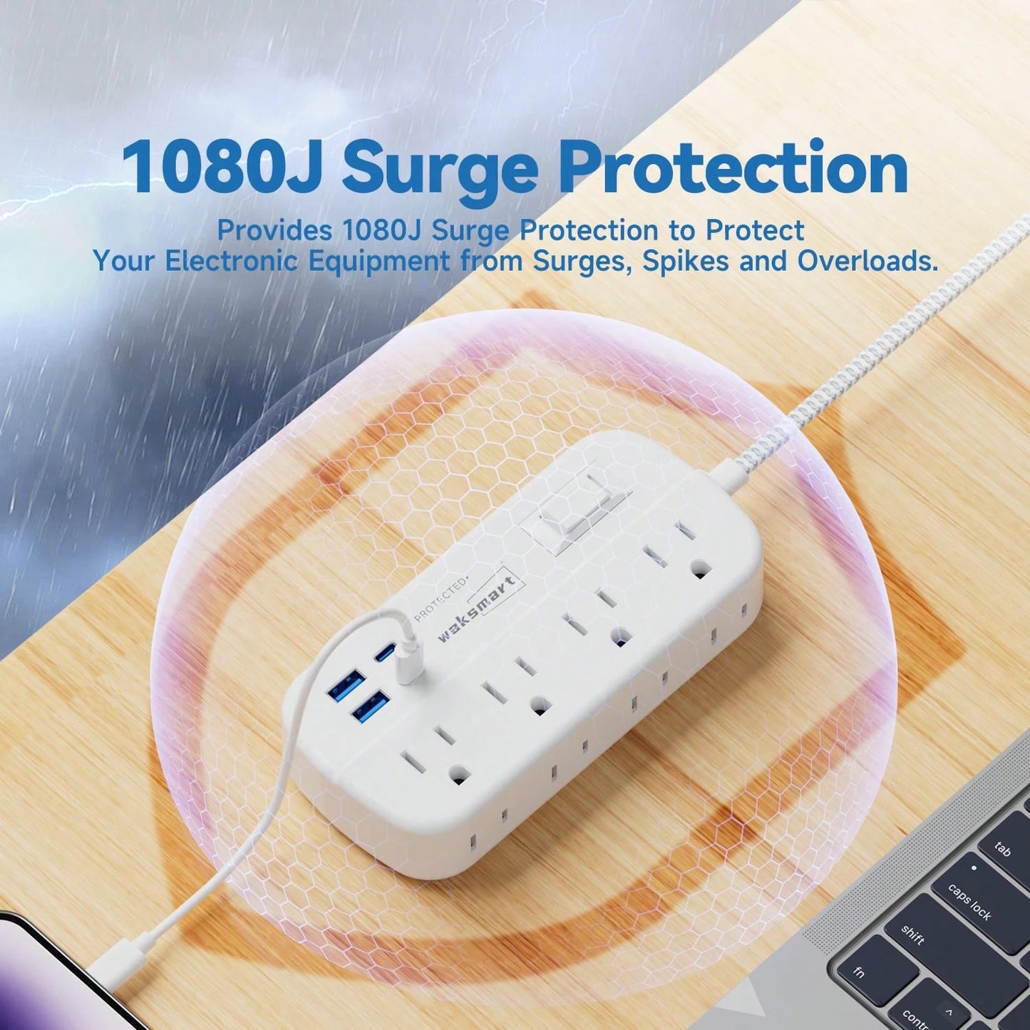 Fast Charging Multi-Outlet Power Strip Charger Charging Station Flat Plug Surge Protector Power Strip (1080J) 8 AC Outlets 4 USB Charger (2 USB-C) Waksmart 5 Ft Flat Braided Extension Cord Compact Des