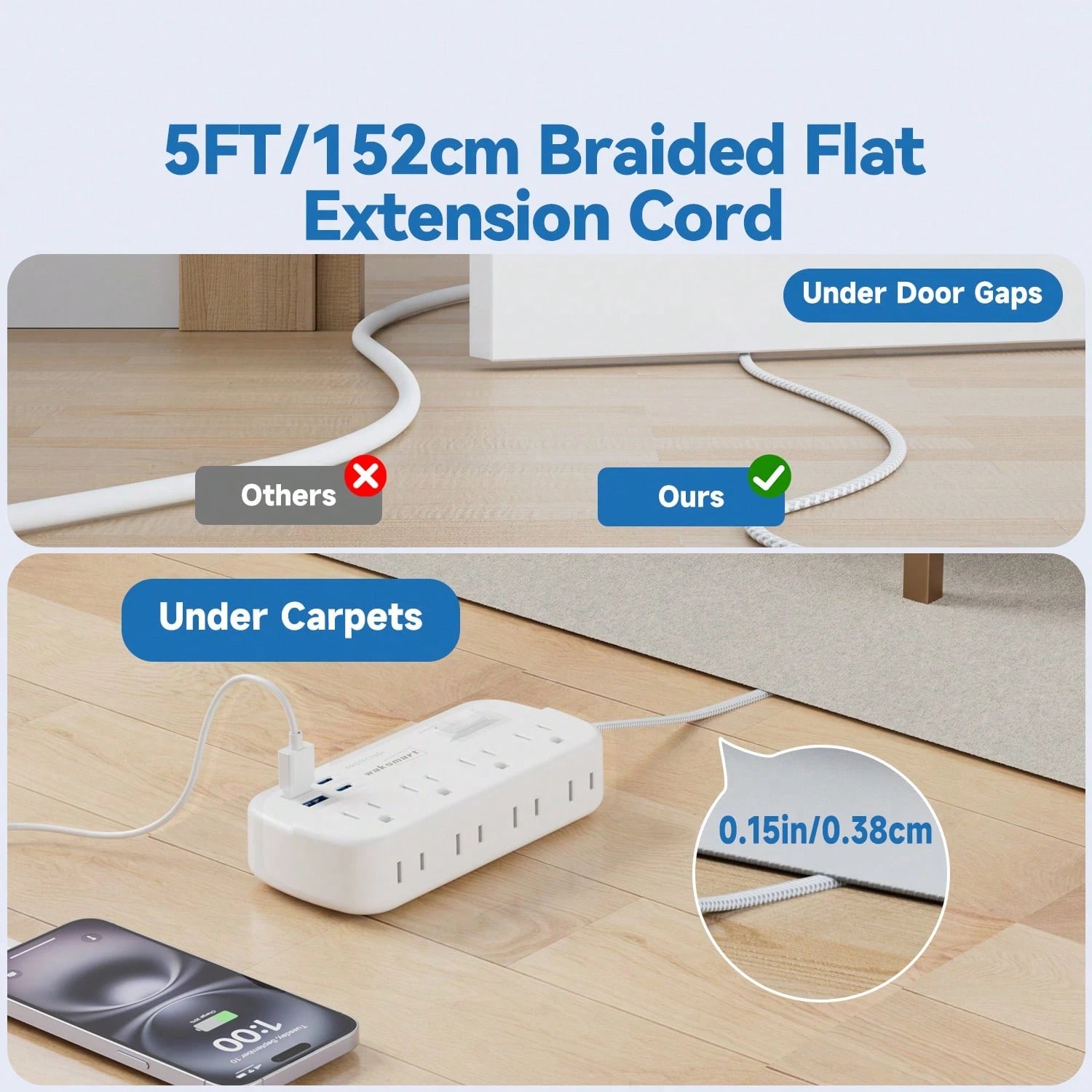 Fast Charging Multi-Outlet Power Strip Charger Charging Station Flat Plug Surge Protector Power Strip (1080J) 8 AC Outlets 4 USB Charger (2 USB-C) Waksmart 5 Ft Flat Braided Extension Cord Compact Des