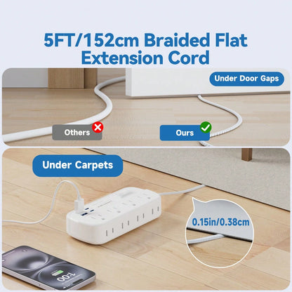 Fast Charging Multi-Outlet Power Strip Charger Charging Station Flat Plug Surge Protector Power Strip (1080J) 8 AC Outlets 4 USB Charger (2 USB-C) Waksmart 5 Ft Flat Braided Extension Cord Compact Des