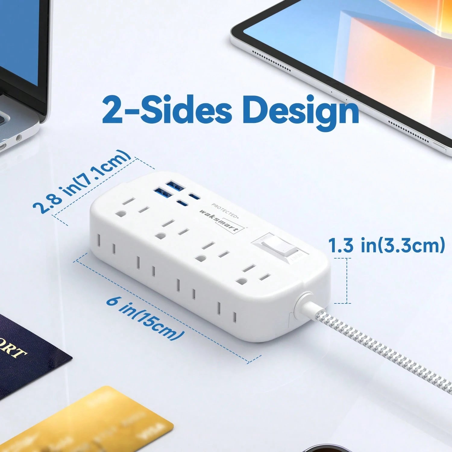 Fast Charging Multi-Outlet Power Strip Charger Charging Station Flat Plug Surge Protector Power Strip (1080J) 8 AC Outlets 4 USB Charger (2 USB-C) Waksmart 5 Ft Flat Braided Extension Cord Compact Des