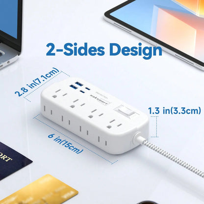 Fast Charging Multi-Outlet Power Strip Charger Charging Station Flat Plug Surge Protector Power Strip (1080J) 8 AC Outlets 4 USB Charger (2 USB-C) Waksmart 5 Ft Flat Braided Extension Cord Compact Des